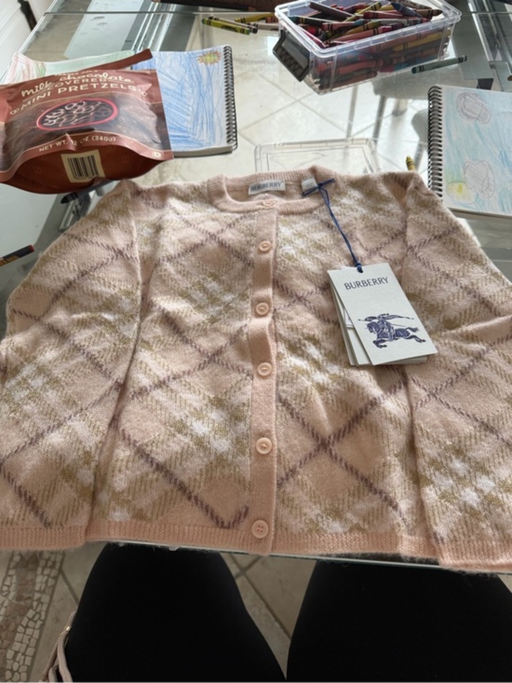 Burberry Pale Pink Argyle Cashmere-Blend Cardigan